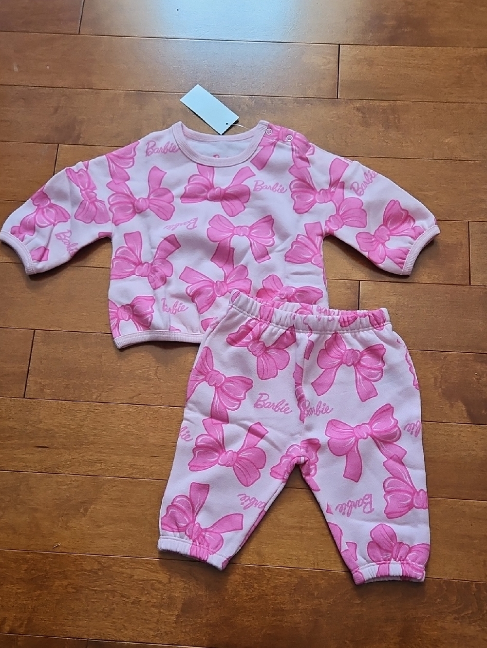 Nwt Barbie Pink Bow Print Baby Sweat Set